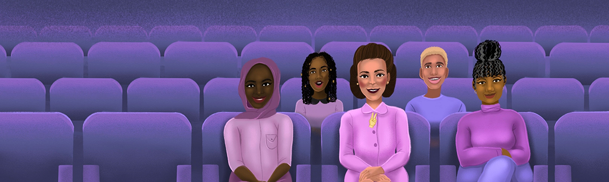 Illustration of Viola Desmond sitting in a theatre with four other Black persons sitting around her