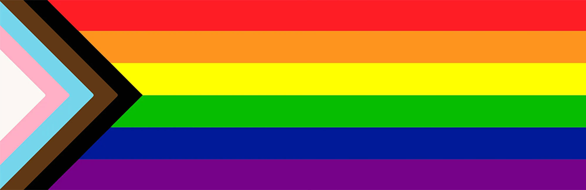 Pride flag with colours, red, orange, yellow, green, blue, purple, black, brown, light blue, pink, and white