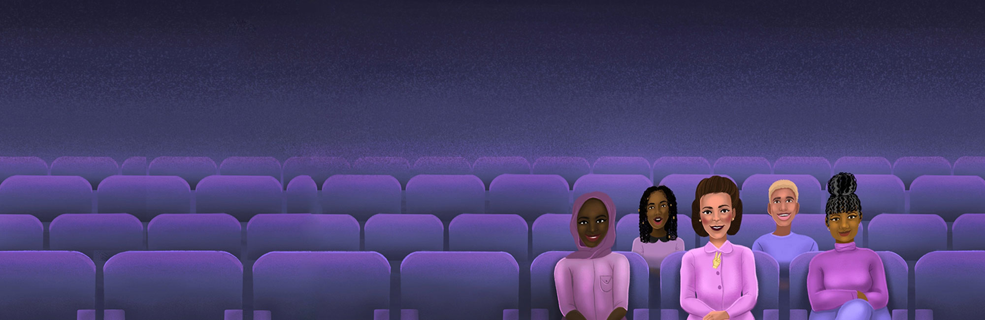 Illustration of Viola Desmond sitting in a theatre with four other Black persons sitting around her