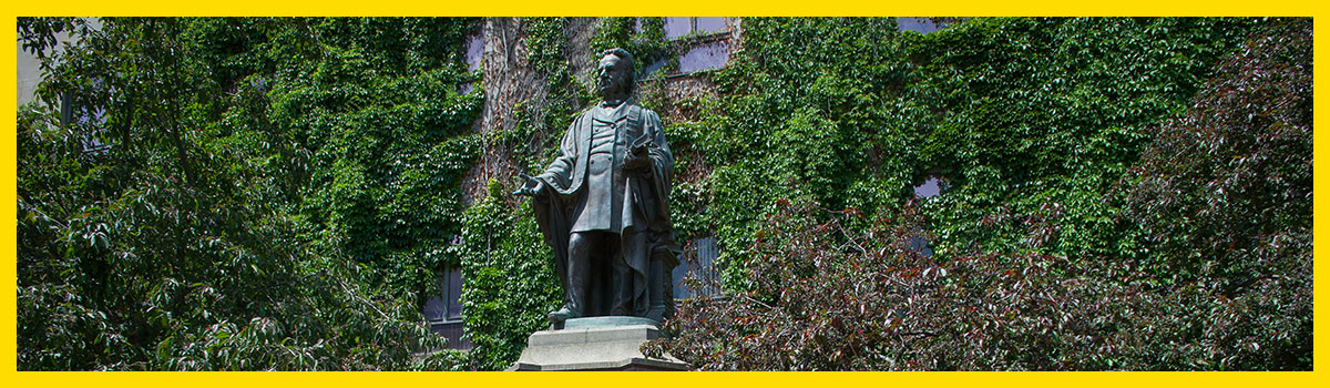 The statue of Egerton Toronto Met on Gould Street on the Toronto Met campus