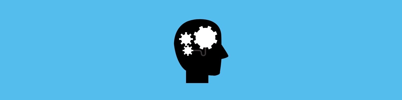 A decorative graphic. The background is a shade of blue with a black and white graphic of a person's head is in the centre. Their head has three white gears in it, suggesting thinking and processing information.