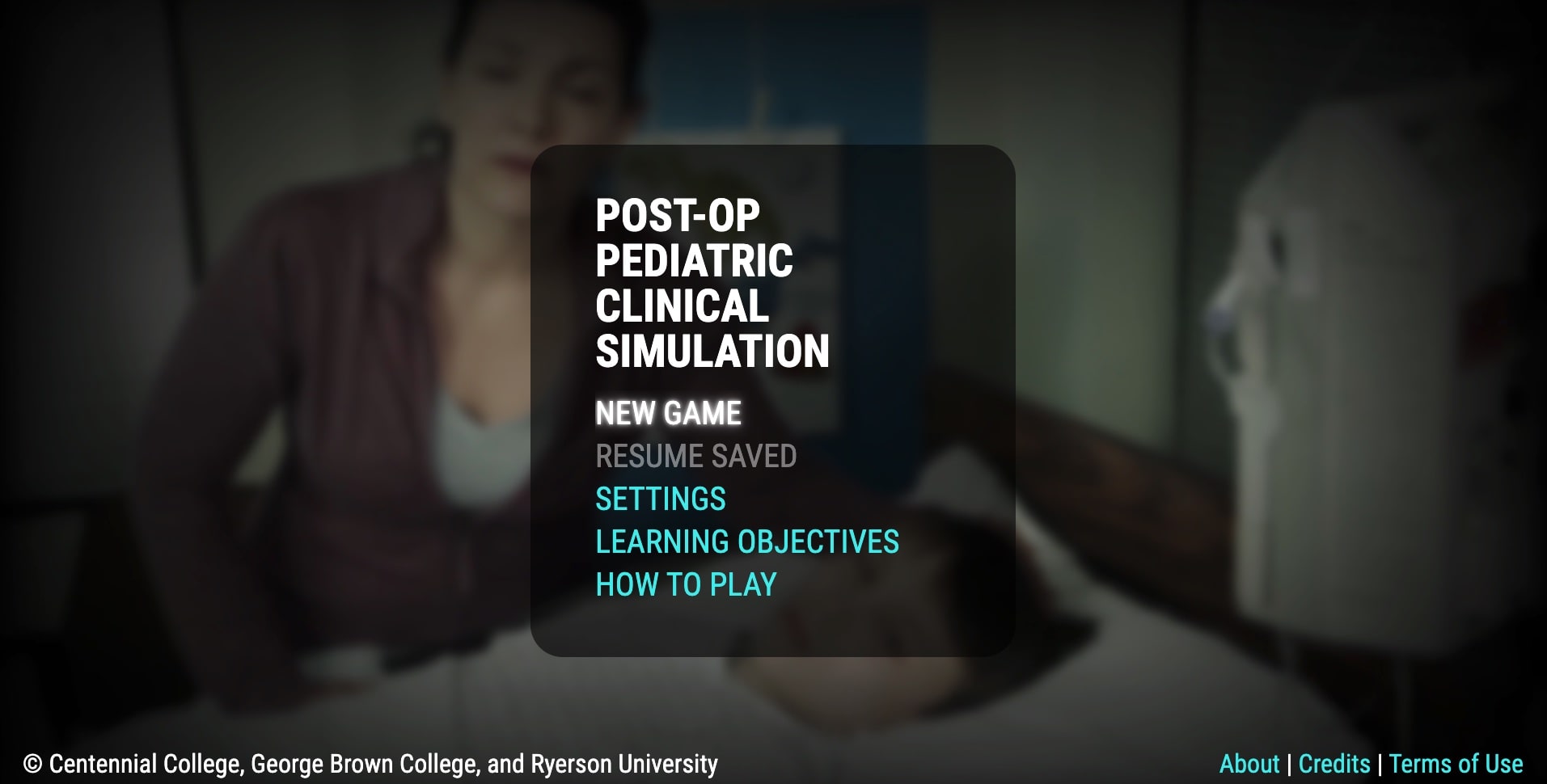 A screenshot of the start screen for the post-op clinical appointment simulation. It depicts a woman sitting with a sick child.