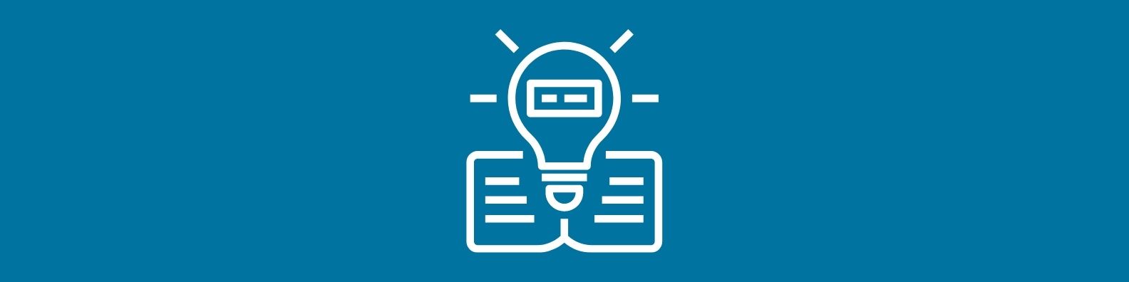 The background is a shade of blue with a white lightbulb sitting above a book is in the centre.