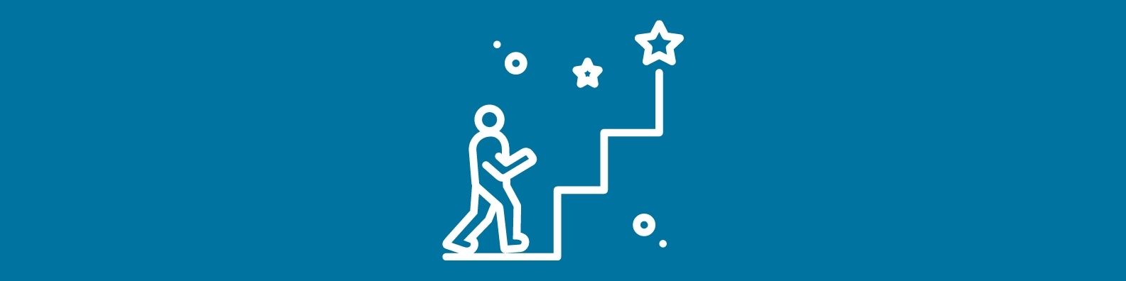 A decorative graphic. The background is a shade of blue with a white graphic of a person climing stairs to reach a star at the top stair is in the centre.