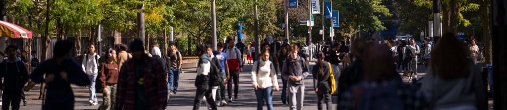 Students walking along a tree-lined pedestrian walkway on the TMU campus.