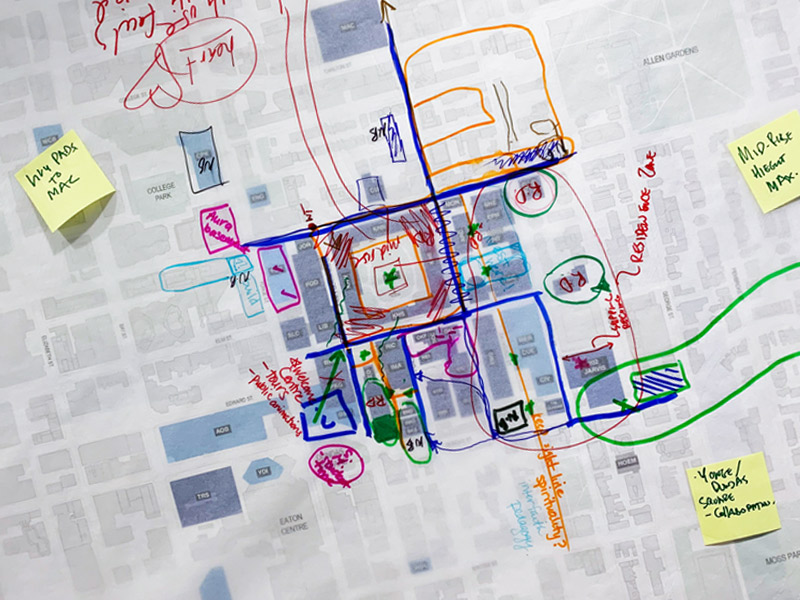Layers of maps and notes from a brainstorming session about potential plans for Ryerson's campus.