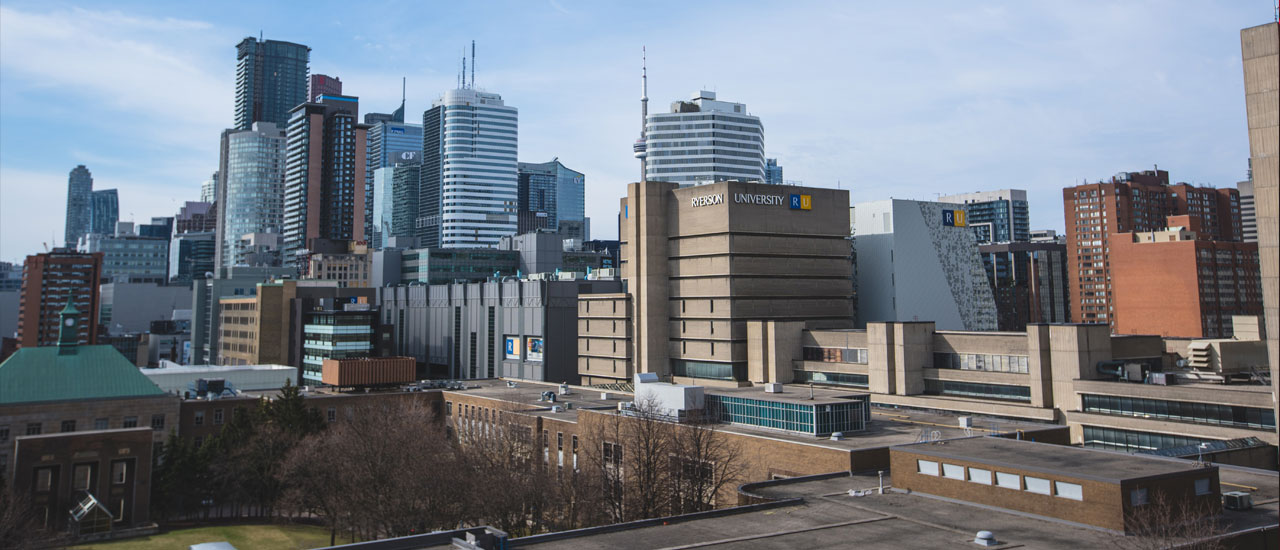 A wide shot of Ryerson's building across campus.
