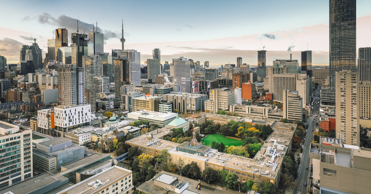 An aerial view of Ryerson University campus, looking south west.