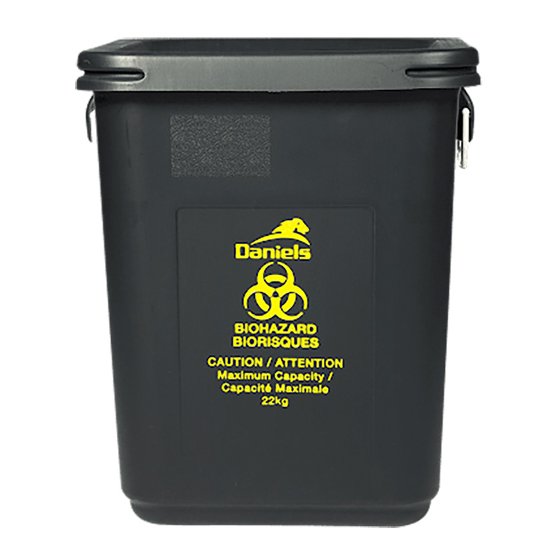 Black waste tote with biohazardous label in yellow symbol and lettering.