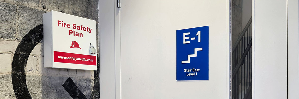 The Fire Safety Plan box containing an important binder of information for Fire Services is found close to the main entrance of a building, near one of the escape stairwells.