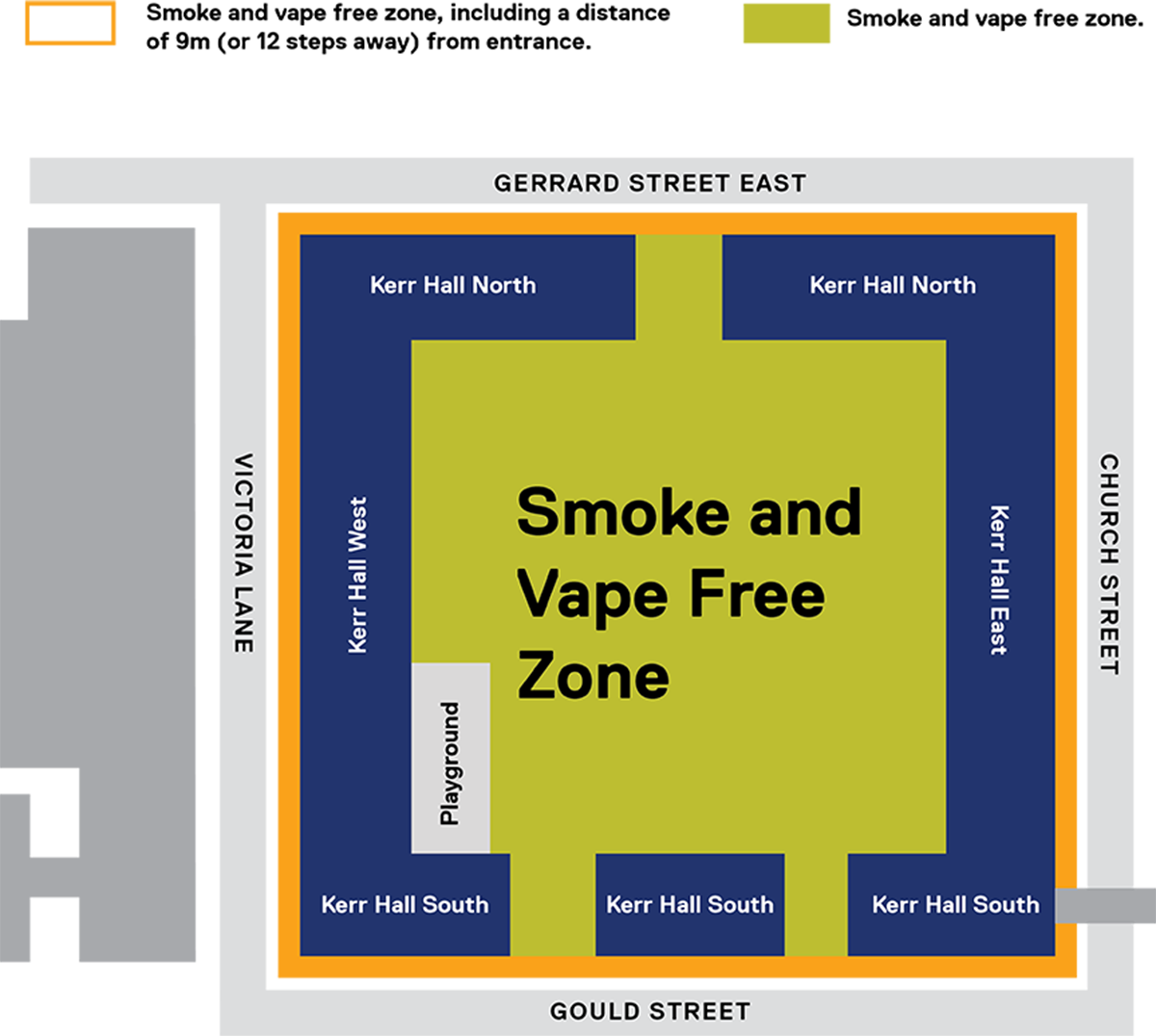 Map indicating that the Ryerson Quad is a smoke and vape free zone.
