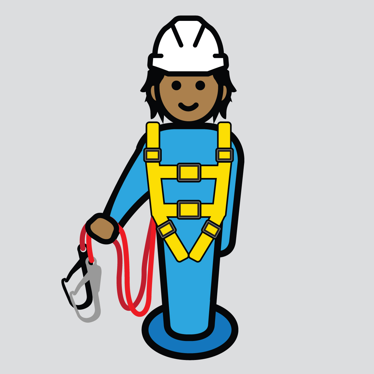 TMU cartoon figure wearing a hardhat and a full-body harness connected to two lanyards and safety carabiners