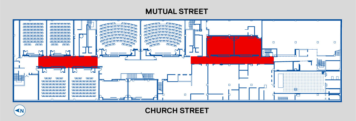 Diagram of the Lower Ground floor in ENG showing access restrictions in the north and south corridors.