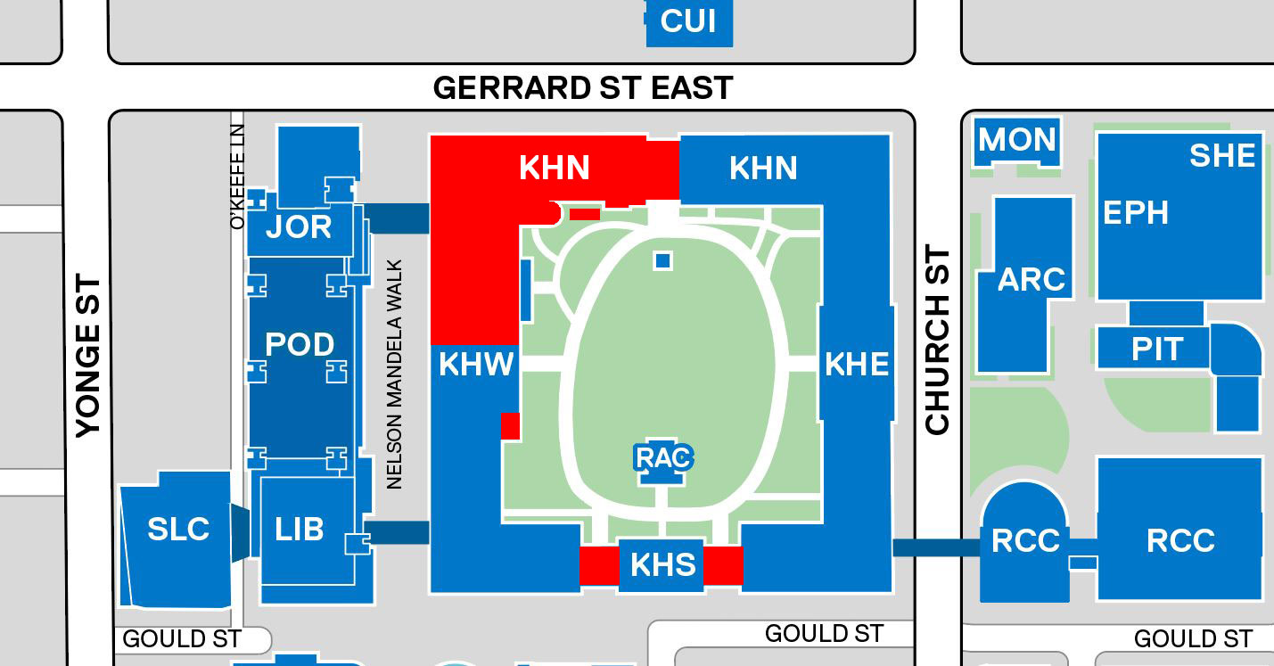 Diagram of Kerr Hall highlighting the northwest corner from the northern archway to the northwest corner and down to the centre of KHW. The rooftops above the southern archways are also highlighted.