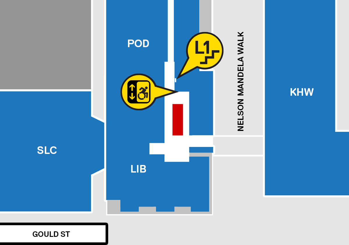 Diagram of the Library Building staircase closure highlighting the L1 staircase and accessibility elevator.