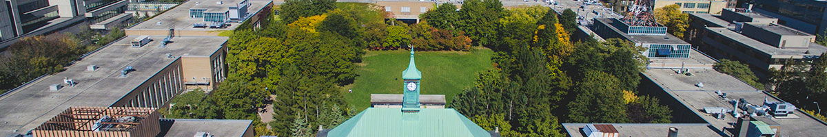 Aerial view of the Quad looking north with the clock tower in the foreground.
