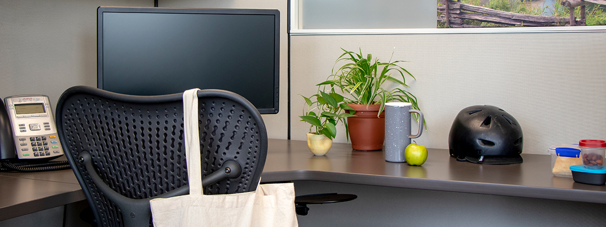Office workstation with computer screen off and reusable tote over the back of the chair, and apple, plants, traveller's mug, bike helmet and tupperware arranged on the desk.