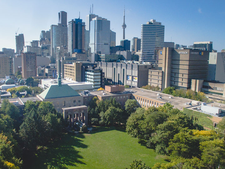 Toronto Metropolitan University Quad - aerial view facing south west.