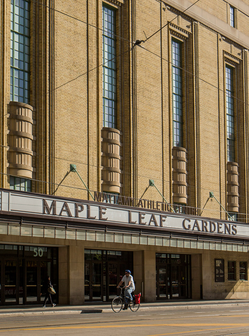 Exterior view of the Mattamy Athletic Centre (formerly Maple Leaf Gardens).