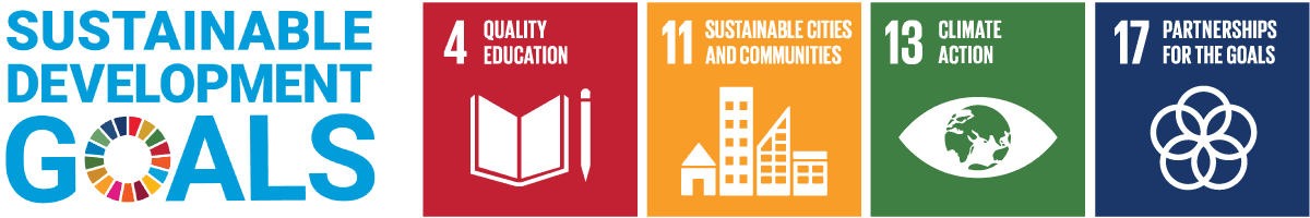 UN Sustainable Development Goals icons for quality education, sustainable cities & communities, climate action, partnerships for the goals..