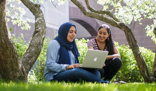 Two students sitting on the grass in the Quad looking at a laptop with cherry tree blossoms around them.