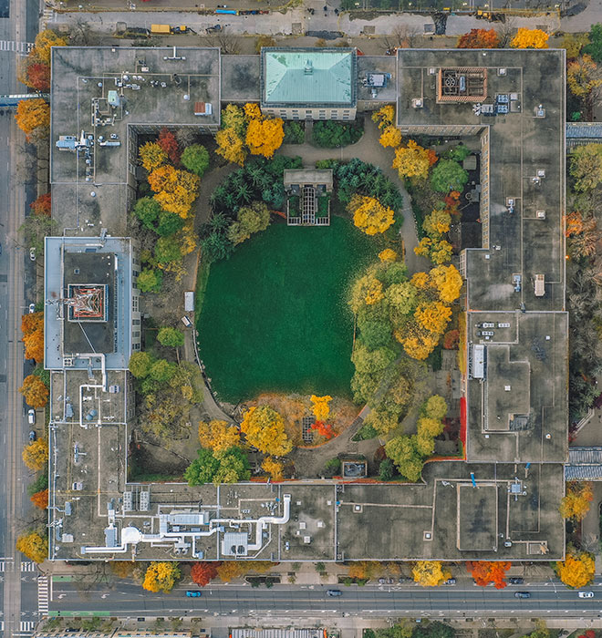 Aerial view of the Quad from the top with fall colours.