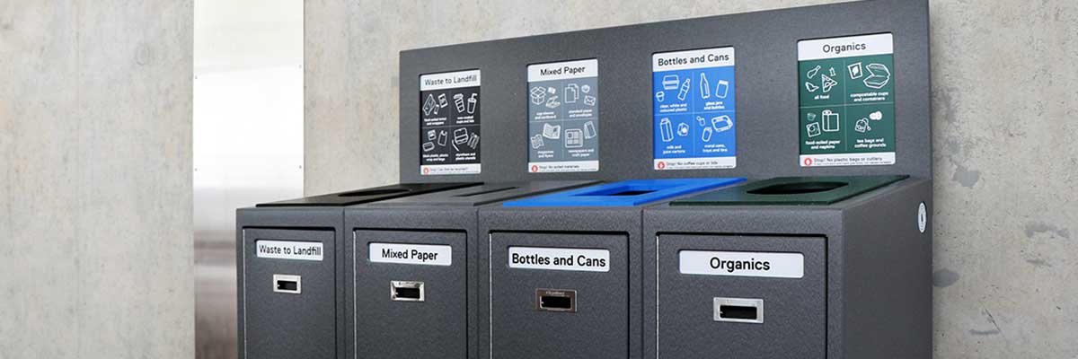 Image of the new four stream waste receptacles at Ryerson.