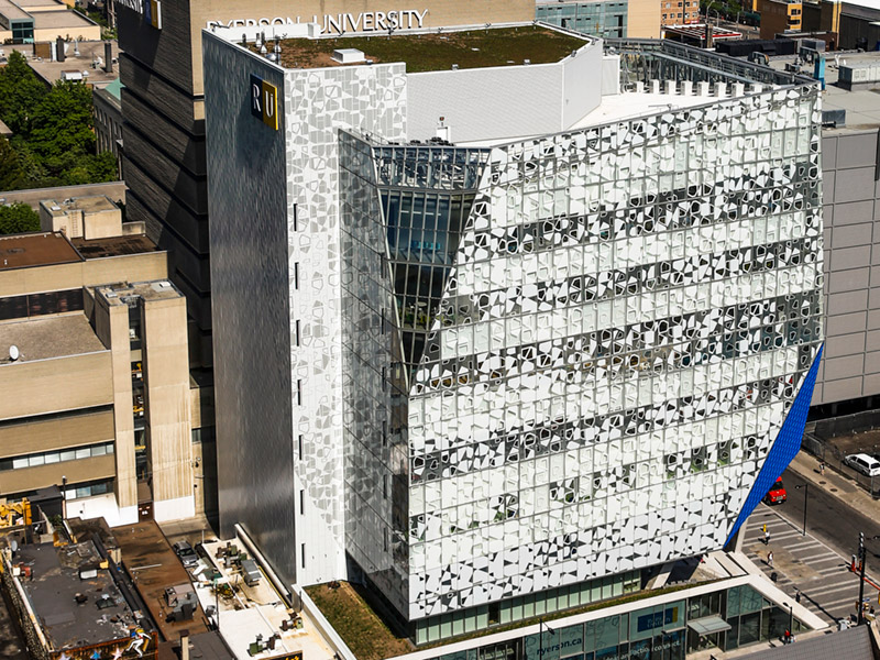 An aerial view of the north west side of the Student Learning Centre at Toronto Metropolitan University.