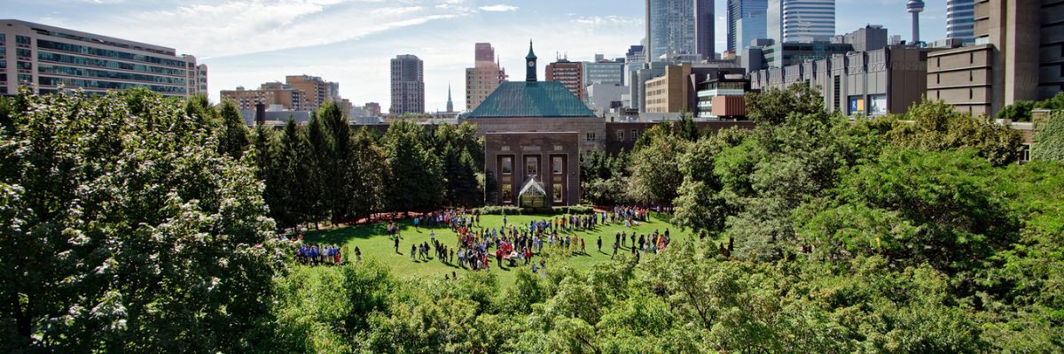 Arial view of the quad with green trees