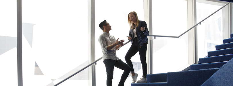 Two people chatting while standing on the stairs