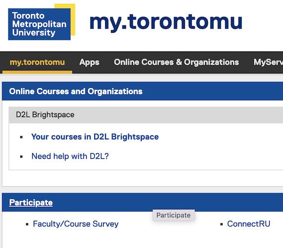 A screenshot of my.torontomu, Participate section, link to the FCS application
