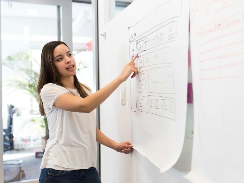 A female professor points at a white board