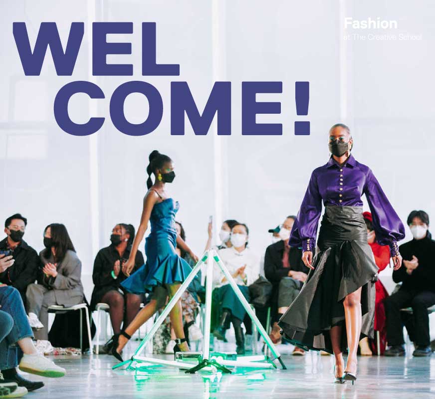 Student fashion show; text overlay: "Welcome!"
