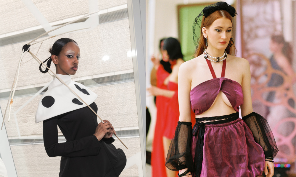 Two models posing behind the scenes at Mass Exodus