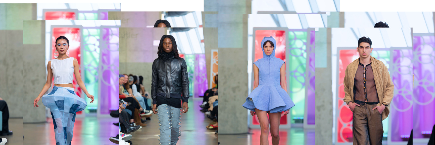 Four images of models walking the runway during Mass Exodus 