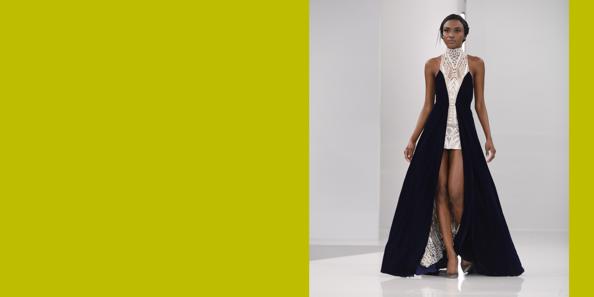 Alumna, Maegan McWade winning garment on STITCHED, a royal blue and white lace dress