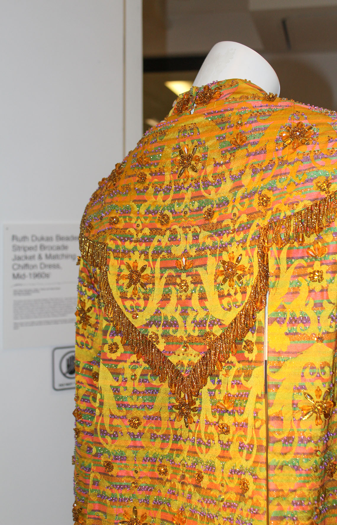 Close up of back of Ruth Dukas Beaded Striped Brocade Jacket & Matching Chiffon Dress 