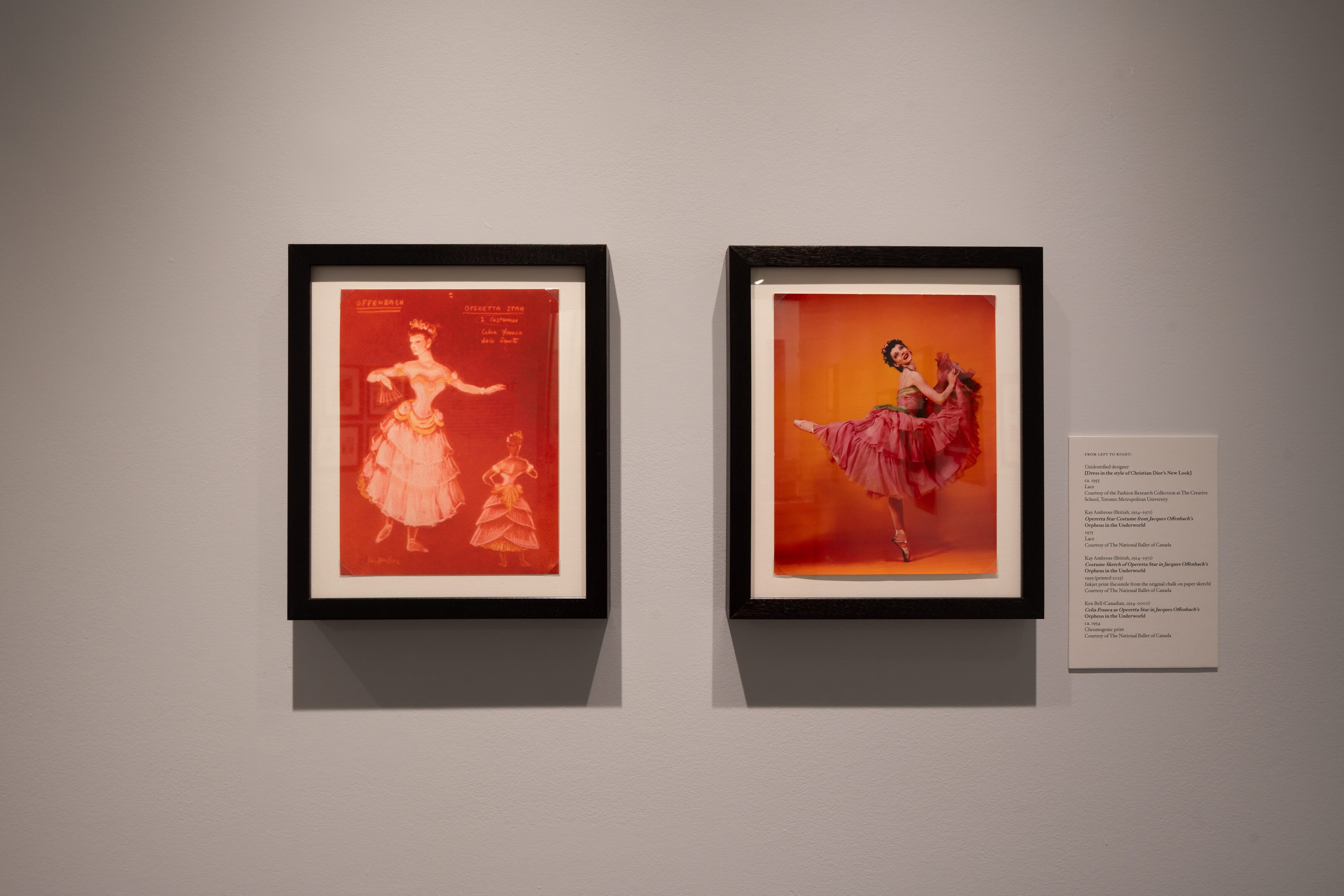 A close up of two photos: the one on the left is a costume sketch of Operetta Star in Jacques Offenbach’s Orpheus in the Underworld, the one on the right is Celia Franca photographed with her costume in the role of Operetta Star. 