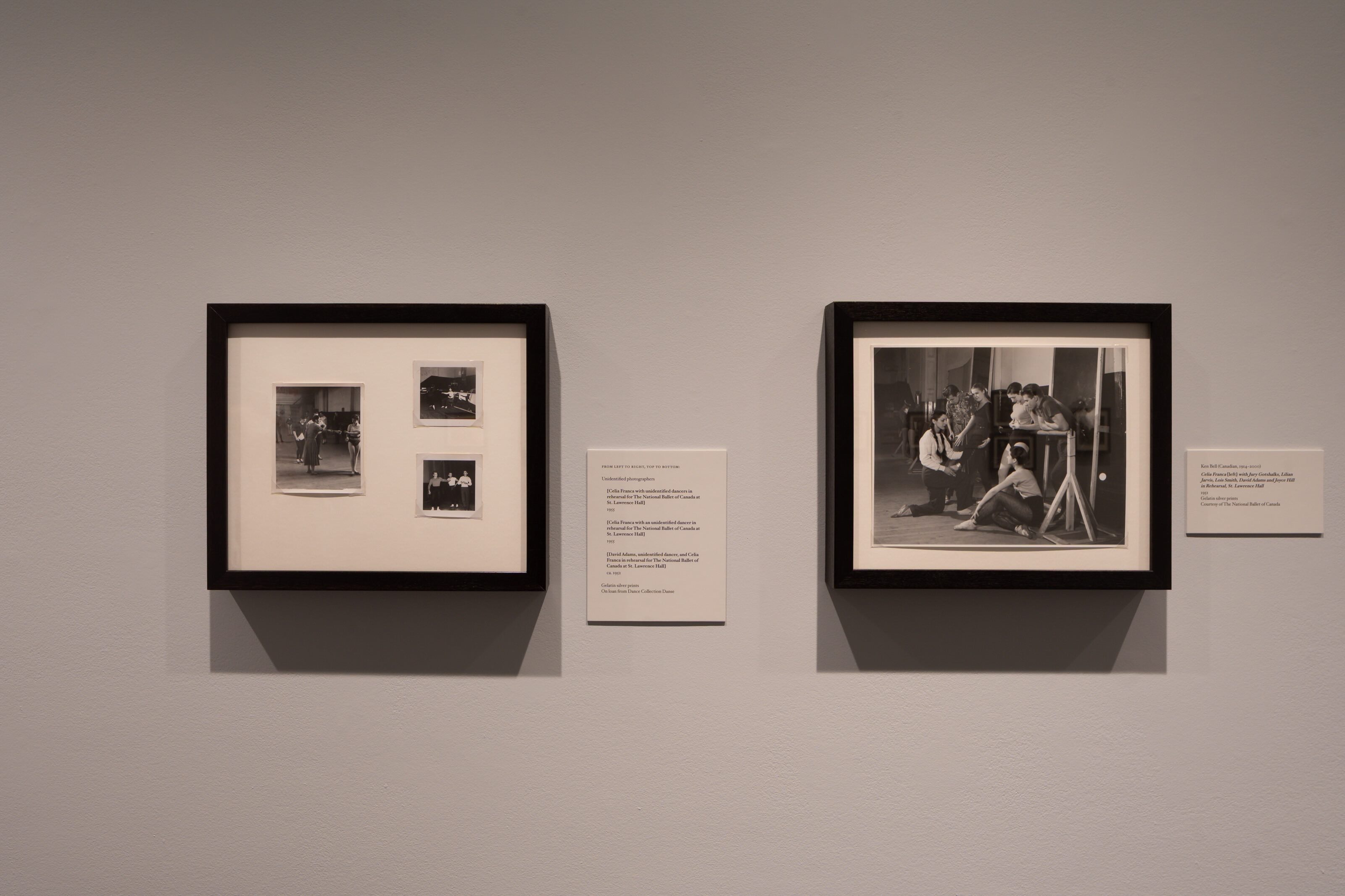 Two black and white mounted photos of Celia Franca in ballet studios. 