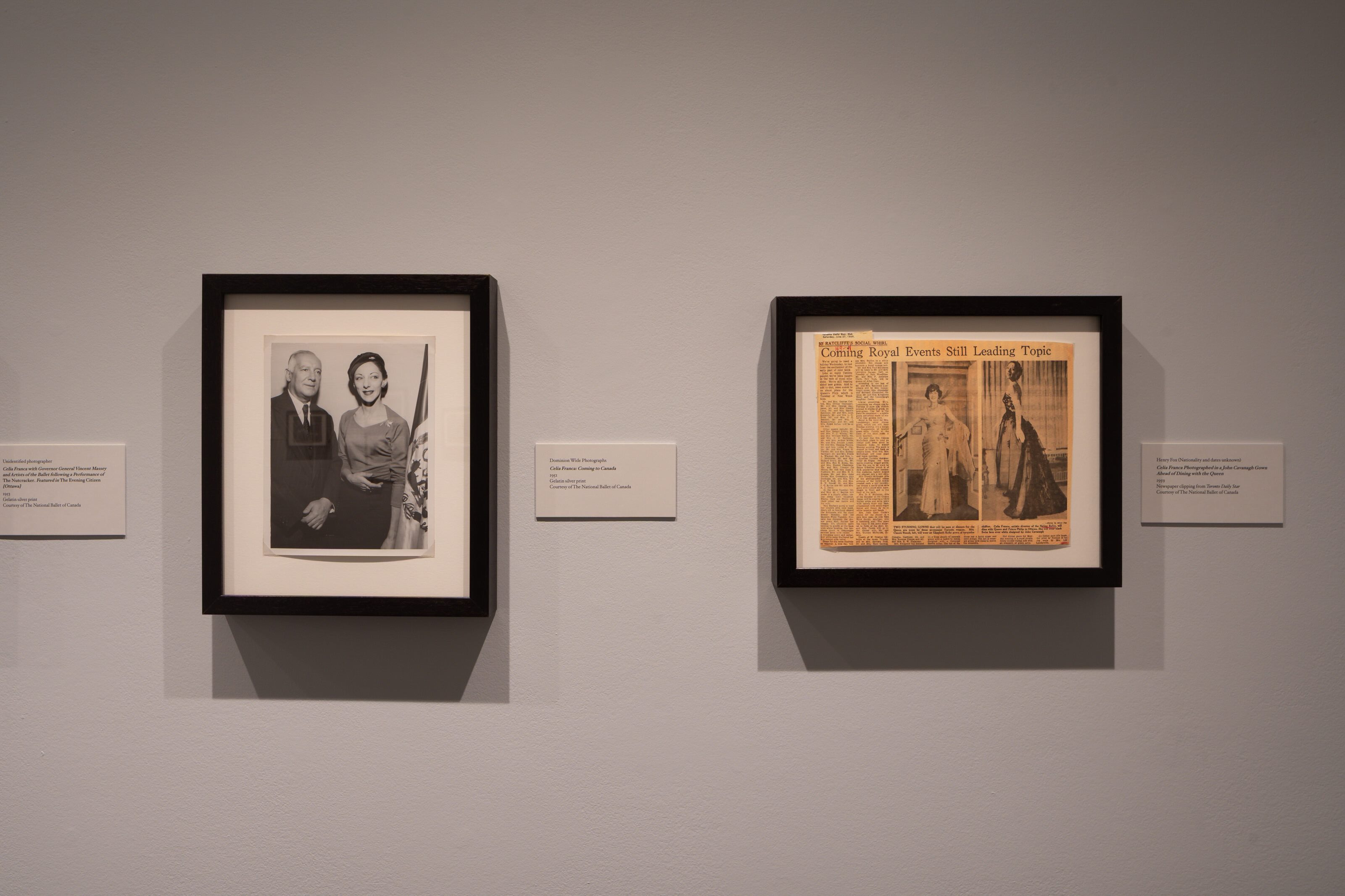 One mounted photo of Celia Franca on the left, and a mounted newspaper clipping on the right. 