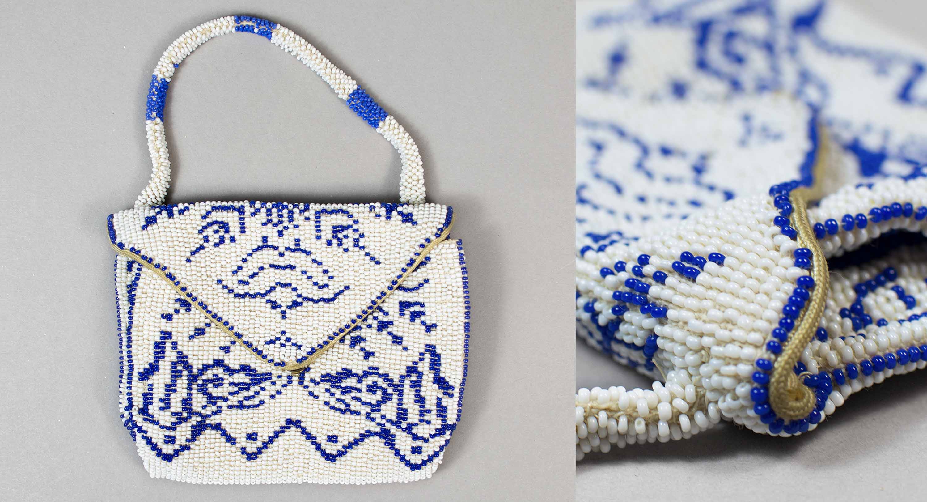 An envelope flap evening purse with white and blue beading on the left and a close up of the beading on the right