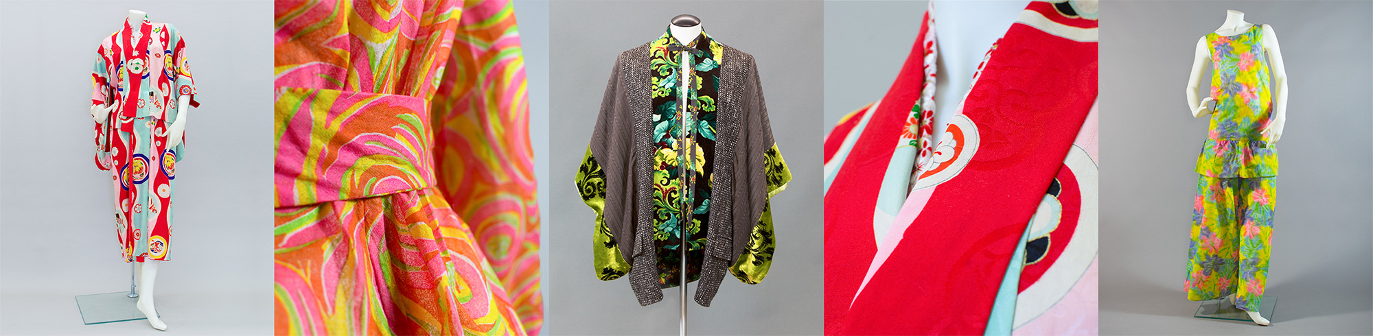 Colourful patterned kimono, belt detail on a paper jumpsuit, kimono style jacket, neckline detail of a kimono, green patterned paper outfit 