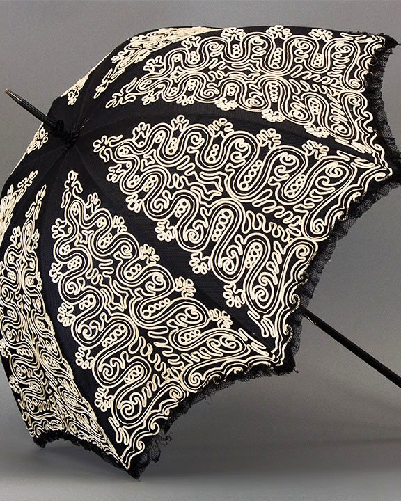 Black Silk Parasol with Cordwork Embroidery