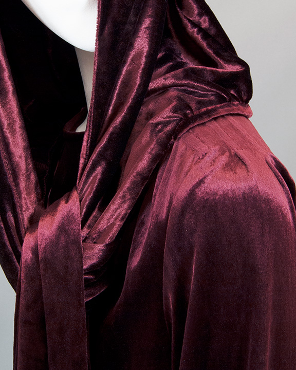 Hood detail of 1970s Marilyn Brooks velvet evening gown