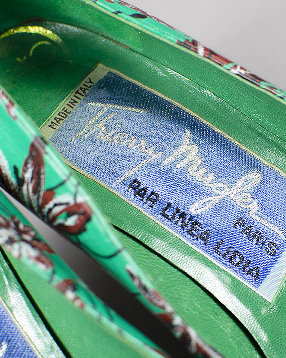 Close up of label on Thierry Mugler hand painted pumps