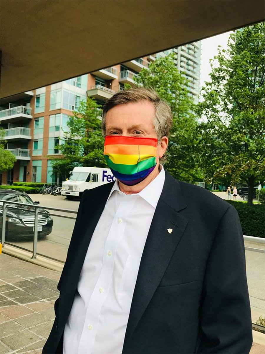 Mayor John Tory wearing Nadia Lloyd's Toronto Pride face mask