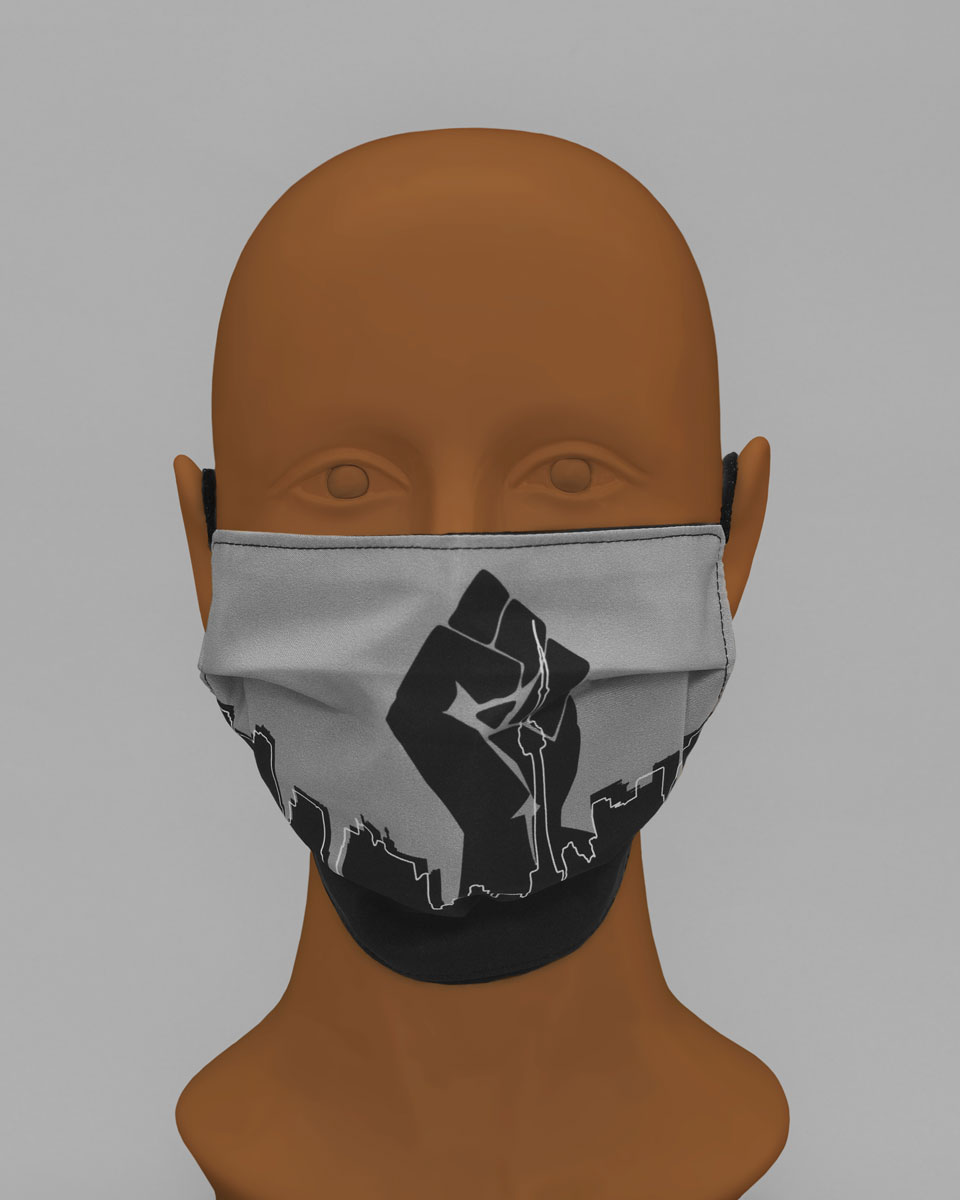 Mannequin wearing a grey and black Black Lives Matter face mask with a fist and outline of the Toronto skyline