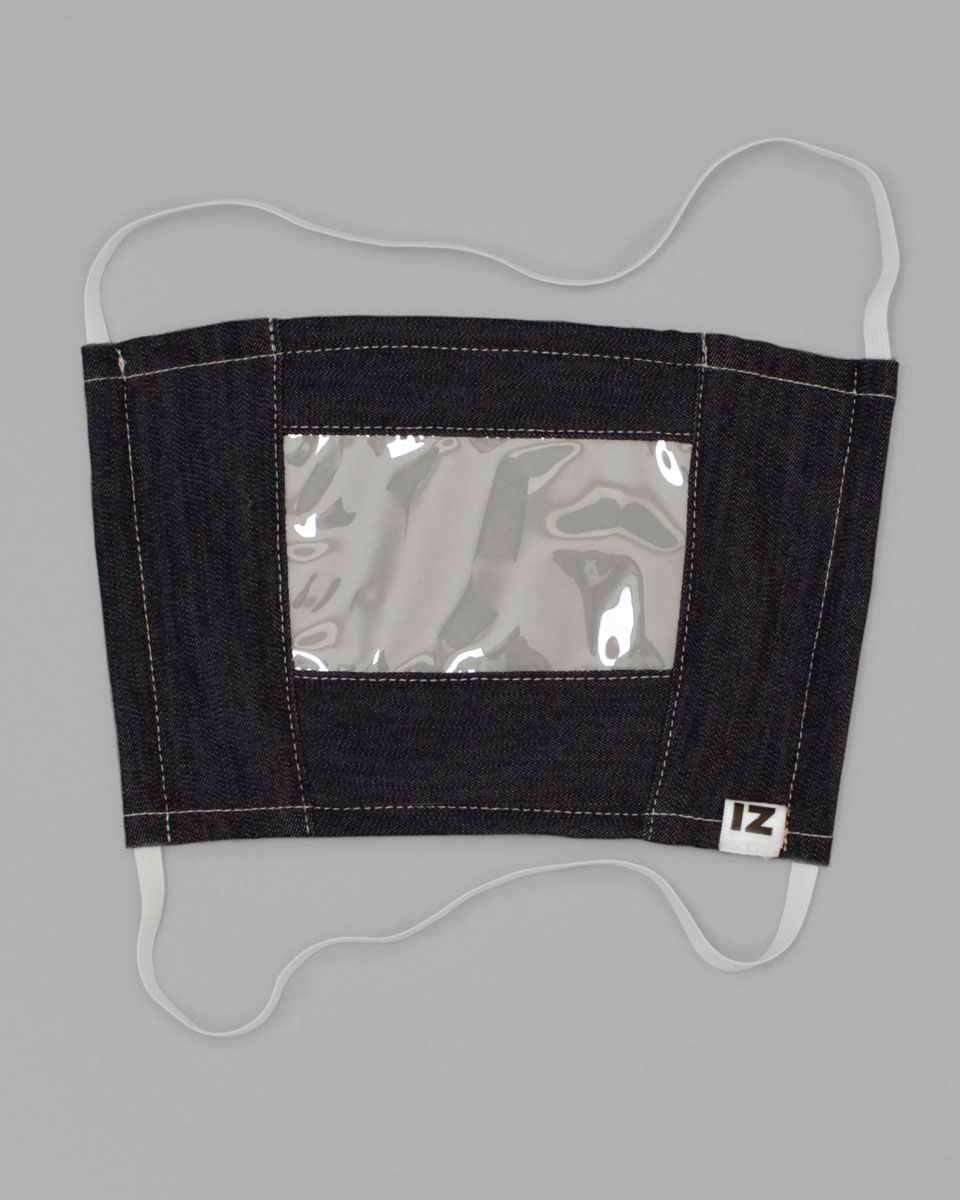 Indigo denim face mask with a plastic panel for lip reading