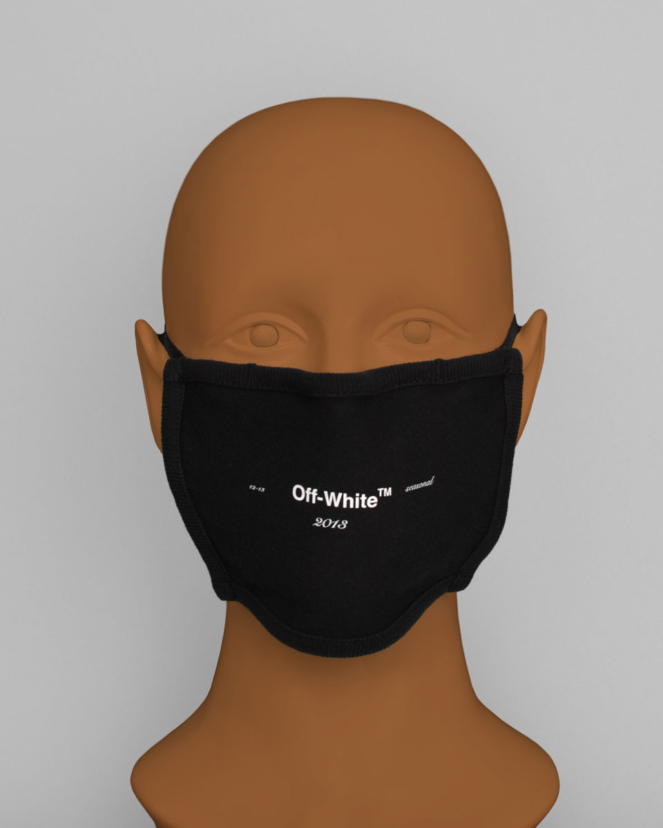 Mannequin head wearing a black face mask which white text reading "Off-White 2013" 
