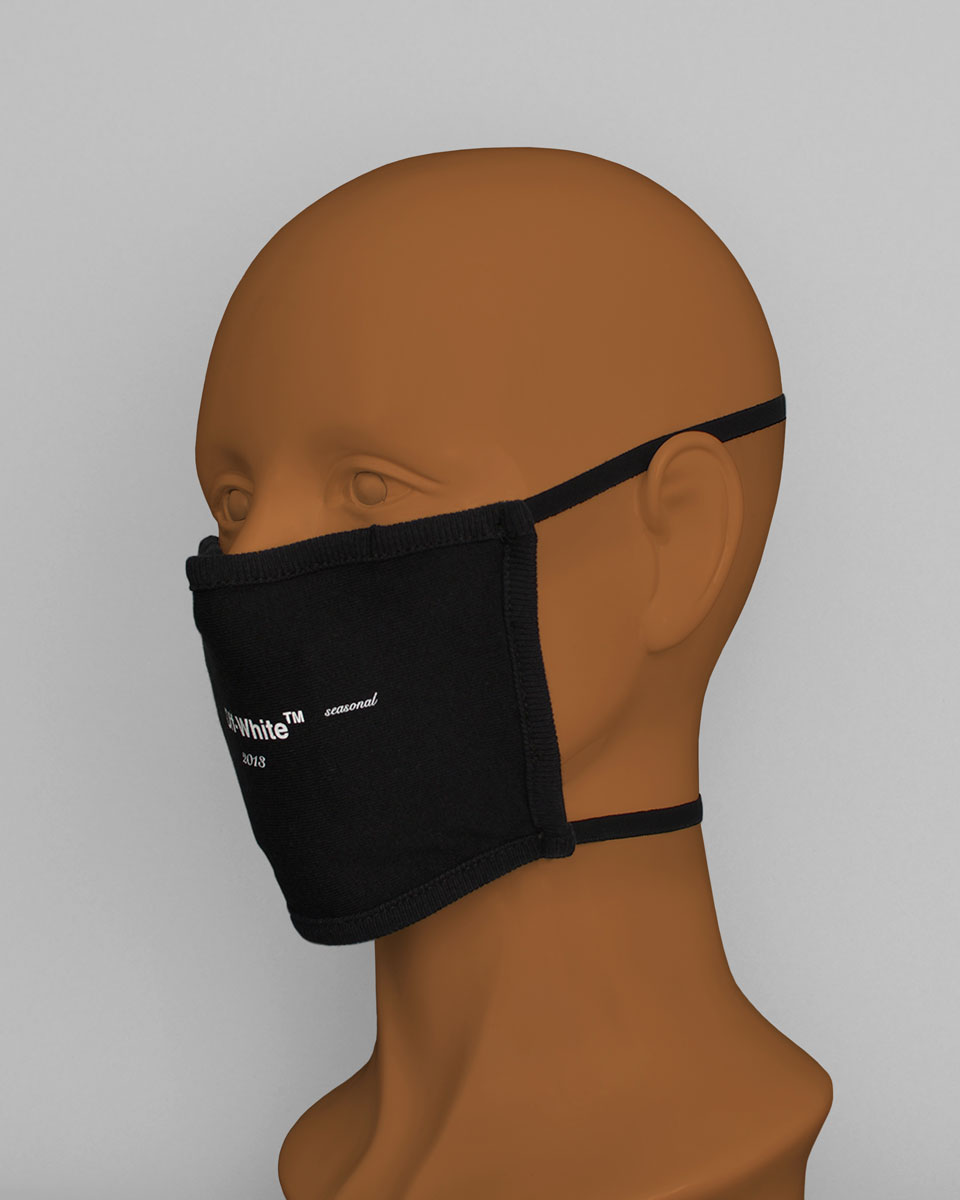 Side view of the mannequin head wearing the black Off-White mask